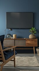 This modern living room showcases a blank television screen mounted on a deep blue wall. A sleek wooden console table and decorative plants enhance the inviting ambiance