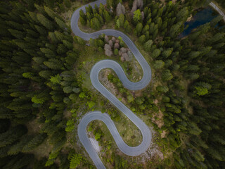 Snake road from a drone view in the Italian Alps, The Dolomites, Italy