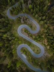Snake road from a drone view in the Italian Alps, The Dolomites, Italy