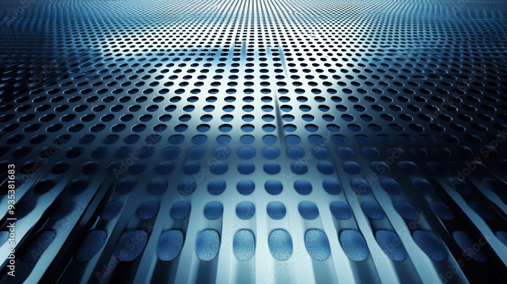 Poster abstract design featuring a pattern of circular perforations on a metallic surface.
