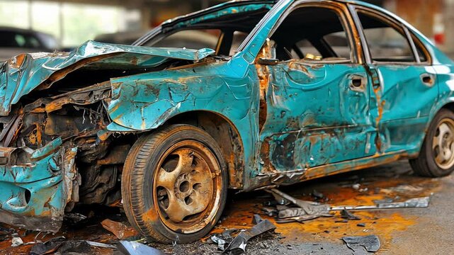 A blue sedan lies damaged in an auto salvage yard, displaying severe dents and rust, surrounded by debris and car parts.