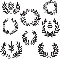  Set of wreaths and branches with leaves-Leaf Wreath Images-Olive Branch Wreath vector -Branches And Leaves Wreath royalty -Set wreaths and laurel.Hand painted black and white silhouette  