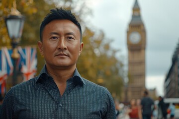 Fototapeta premium Man in London with Big Ben at Dusk