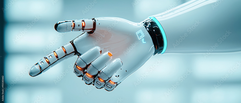 Poster a futuristic robotic hand showcasing advanced technology and intricate design, symbolizing innovatio