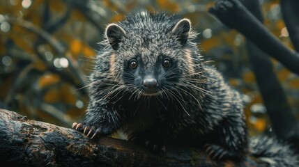 Raccoon sitting on a tree branch.