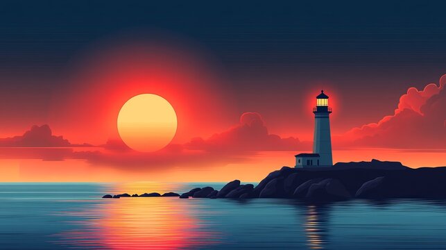 A lighthouse colorful cartoon style high resolutio  786 lighthouse, sea, sunset, ocean, water, light, sky, coast, beach, landscape, beacon, travel, tower, island, crete, summer, landmark, night, greec