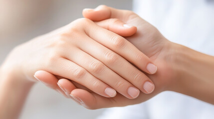 A close-up of two hands gently clasped together, symbolizing unity, support, and connection in soft natural light.