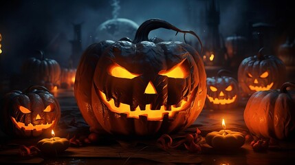 Creepy jack-o'-lanterns, flickering candles, dark night, sinister expressions, Watercolor style