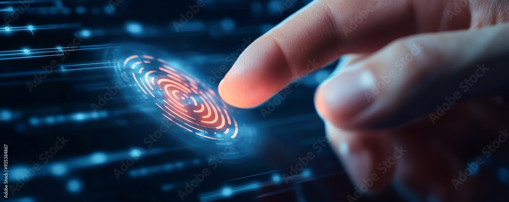 Poster a futuristic hand touches a digital interface with glowing patterns, symbolizing technology and inno