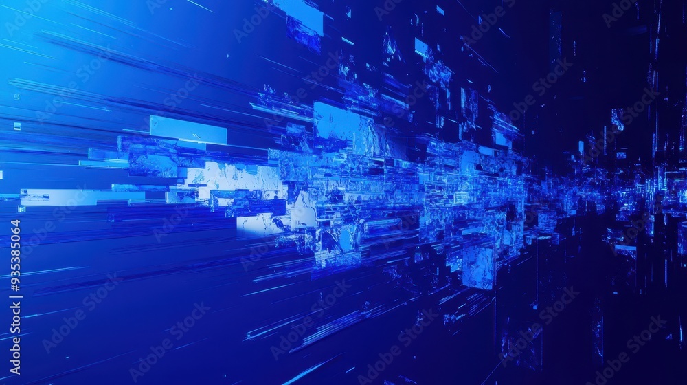 Poster abstract digital landscape with blue tones and dynamic lines suggesting movement and technology.