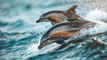 Two dolphins swimming together in the ocean with clear blue skies in the background