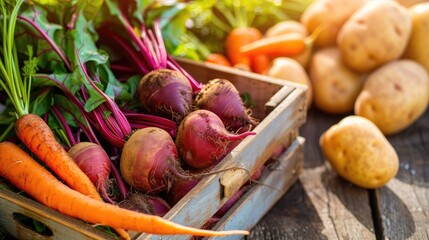 Wooden tray with autumn vegetables and root crops