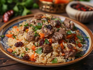 Delicious plate of seasoned rice with tender beef, carrots, and raisins garnished with fresh herbs on a rustic wooden table