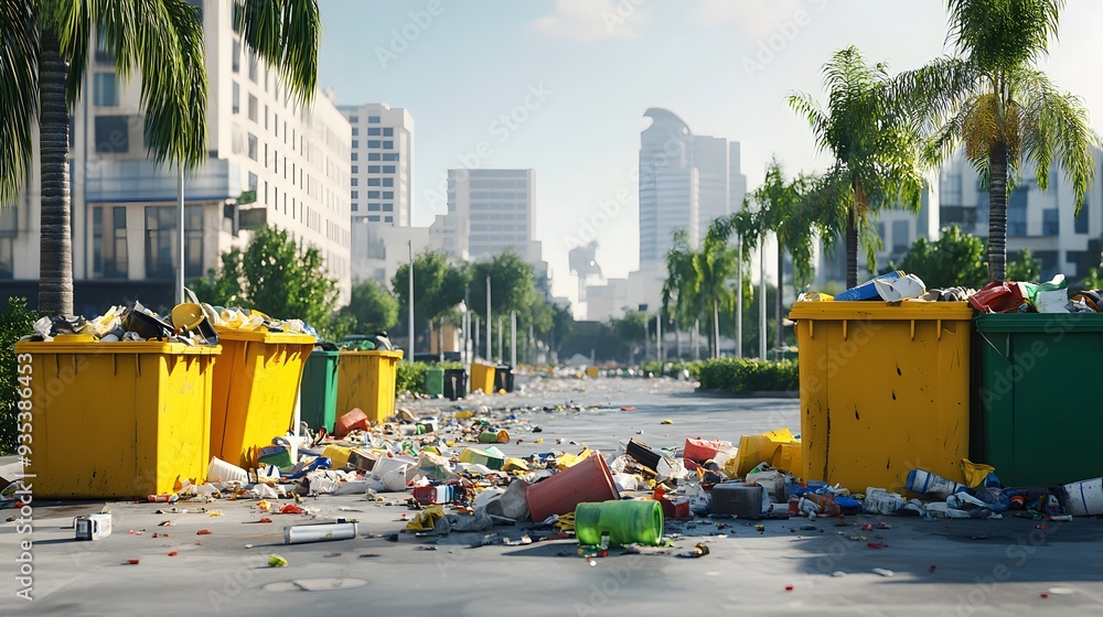 Poster 6. detailed 3d render of an urban area with overflowing garbage bins and scattered waste, isolated o
