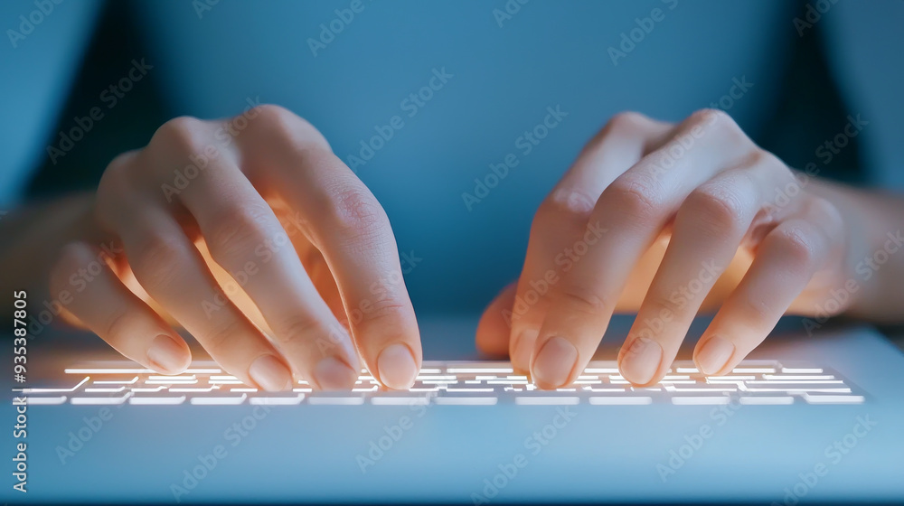 Poster close-up of hands typing on a backlit keyboard, emphasizing technology and digital communication in 