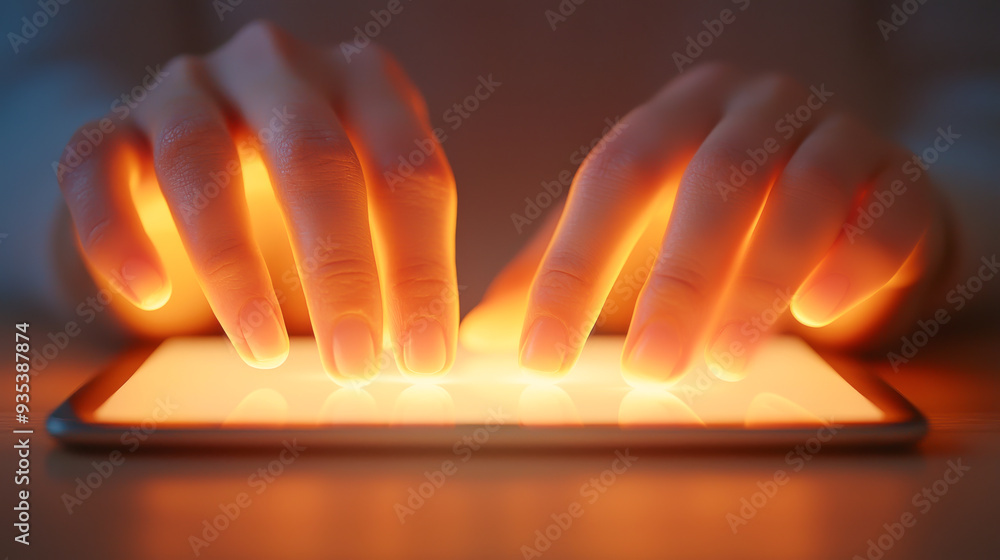 Poster close-up of hands typing on a glowing smartphone screen in a dark environment, showcasing technology