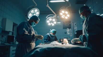 Surgeons, wearing scrubs and masks, meticulously conduct a surgical procedure in a dimly lit operation theater, focusing on the patient on the table