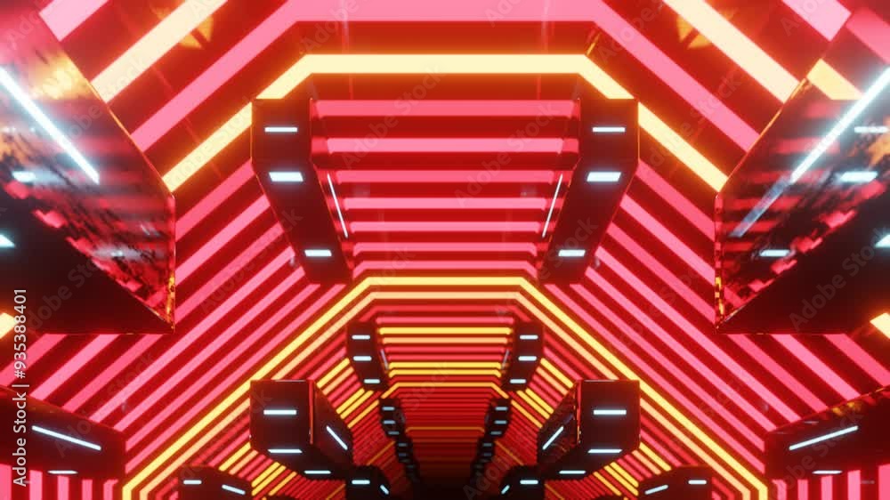 Poster fly through mirror designs form tunnel technology cyberspace with neon glow. sci-fi flight through d