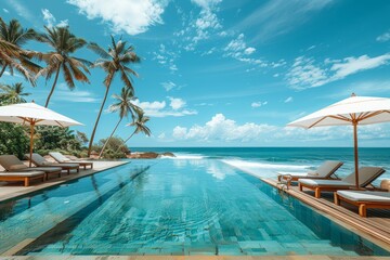 Obraz premium Indian Beach Resort with Outdoor Swimming Pool, White Umbrella, Wooden Sunbeds Near Ocean on Sunny Day, Sri Lanka Hotel View.