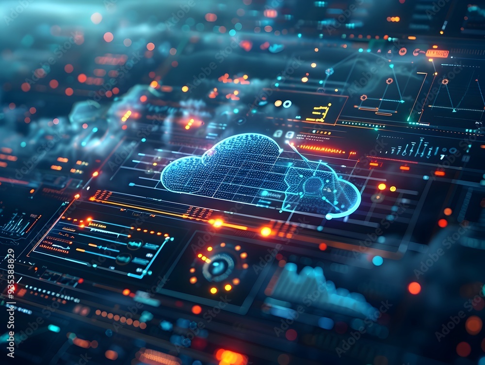 Poster futuristic holographic cloud interface with dynamic data analytics in dark background
