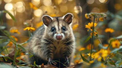 Obraz premium Adorable badger with cute facial expression and fur sitting in a field of yellow flowers during fall