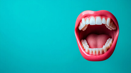 A close up of a mouth with a pink lip and white teeth. The mouth is open wide, revealing the teeth and tongue. Concept of openness and vulnerability