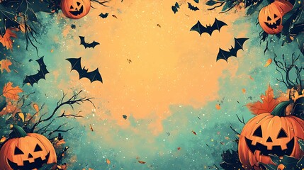 Halloween style wallpaper, pastel color background and large blank space in the center for text, Halloween patterns such as pumpkins and bats on both sides of the frame, pumpkins and bats scattered 