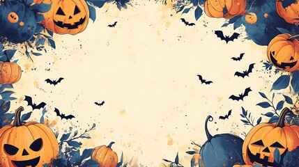 Halloween style wallpaper, pastel color background and large blank space in the center for text, Halloween patterns such as pumpkins and bats on both sides of the frame, pumpkins and bats scattered 