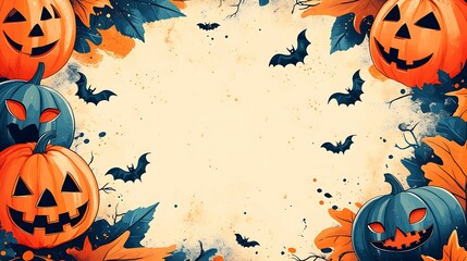 Halloween style wallpaper, pastel color background and large blank space in the center for text, Halloween patterns such as pumpkins and bats on both sides of the frame, pumpkins and bats scattered 