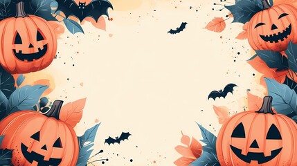 Halloween style wallpaper, pastel color background and large blank space in the center for text, Halloween patterns such as pumpkins and bats on both sides of the frame, pumpkins and bats scattered 