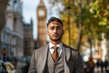 Naklejka premium Elegant man in formal attire walking in city at sunset