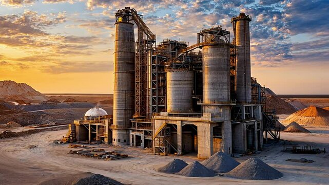 A cement factory operates during sunset, showcasing towering silos and machinery with piles of raw materials around.