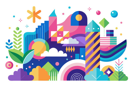 Abstract Cityscape with Geometric Shapes and Floral Elements