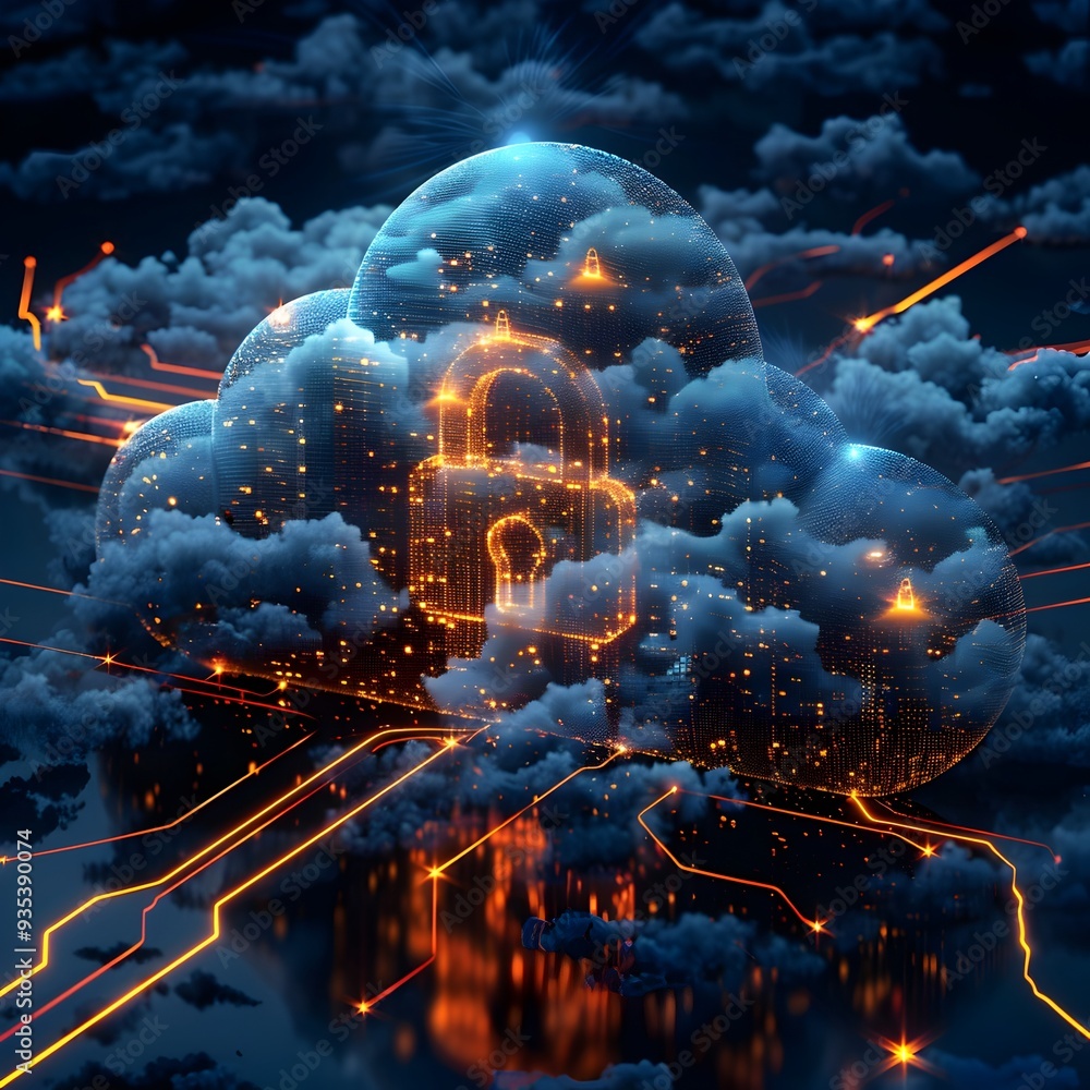 Poster cybersecurity in cloud computing digital padlock and data flow in intricate high tech dark landscape