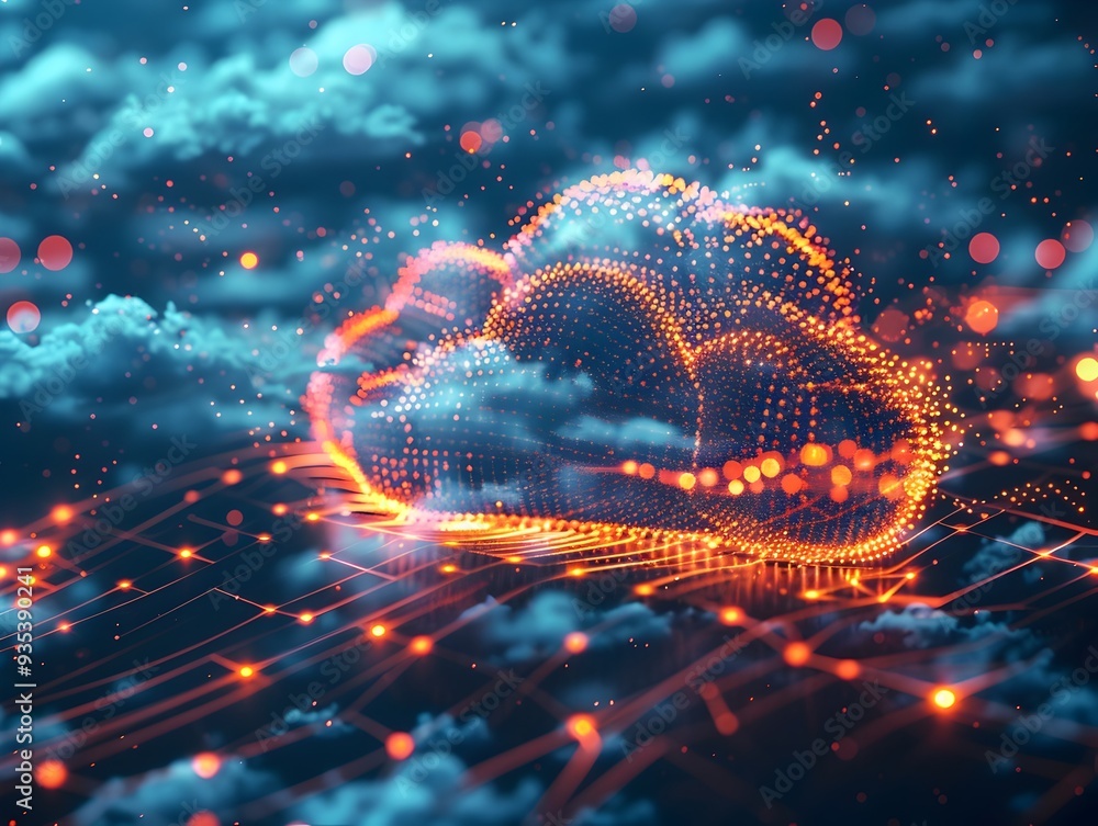Poster innovative digital cloud with data analytics in a dark and dynamic background