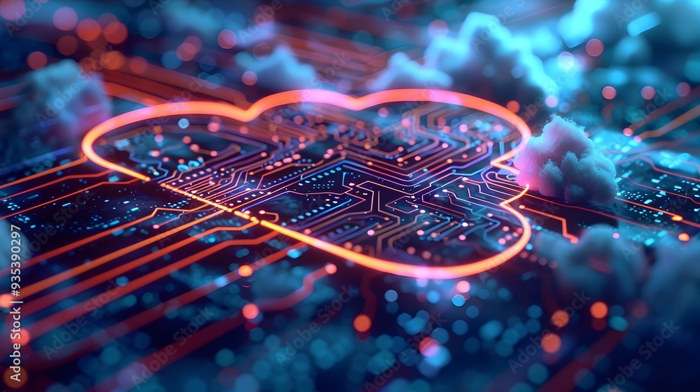 Aufkleber glowing cloud computing circuits with vibrant colors and sleek design