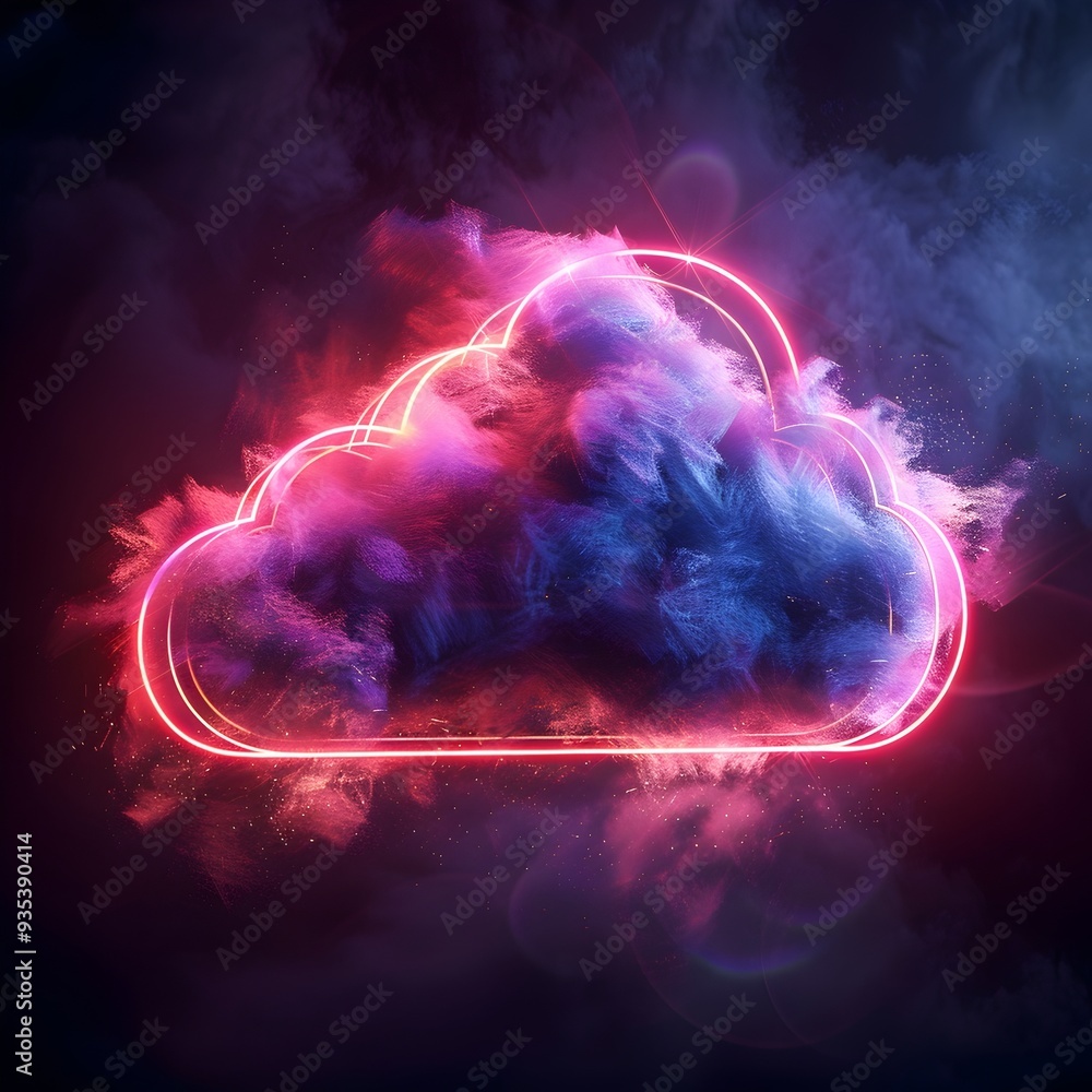 Poster dynamic futuristic cloud data flow with vibrant neon lights on dark background