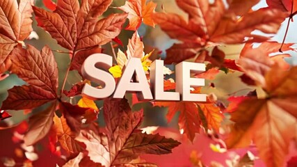 Autumn sale concept with falling leaves and 3D text on red background.
