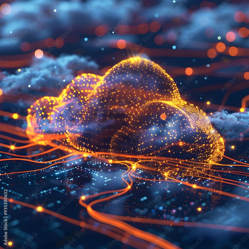 Poster vibrant cloud network with flowing data streams and intricate connections futuristic high tech conce