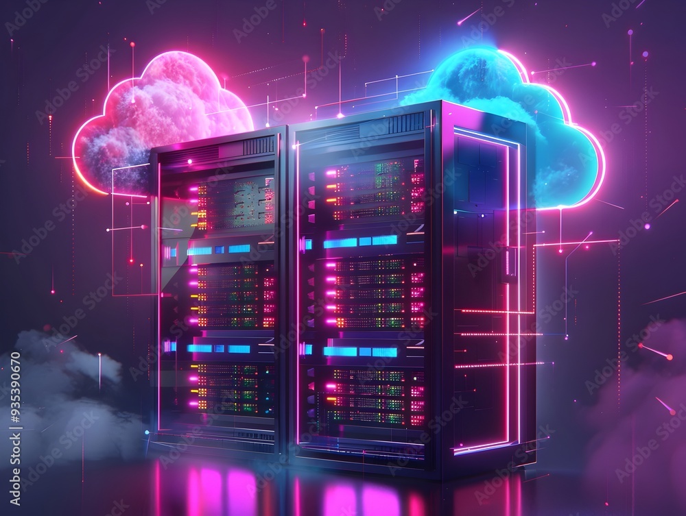 Poster vibrant glowing cloud server with sleek dark design and detailed high tech data streams