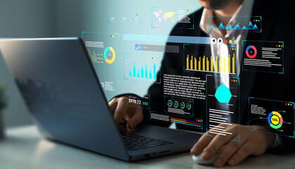 Management data System KPI and metrics connected in database for follow earnings,operations and sales data.Businessman using KPI dashboard.Financial business data analytics graph dashboard. 