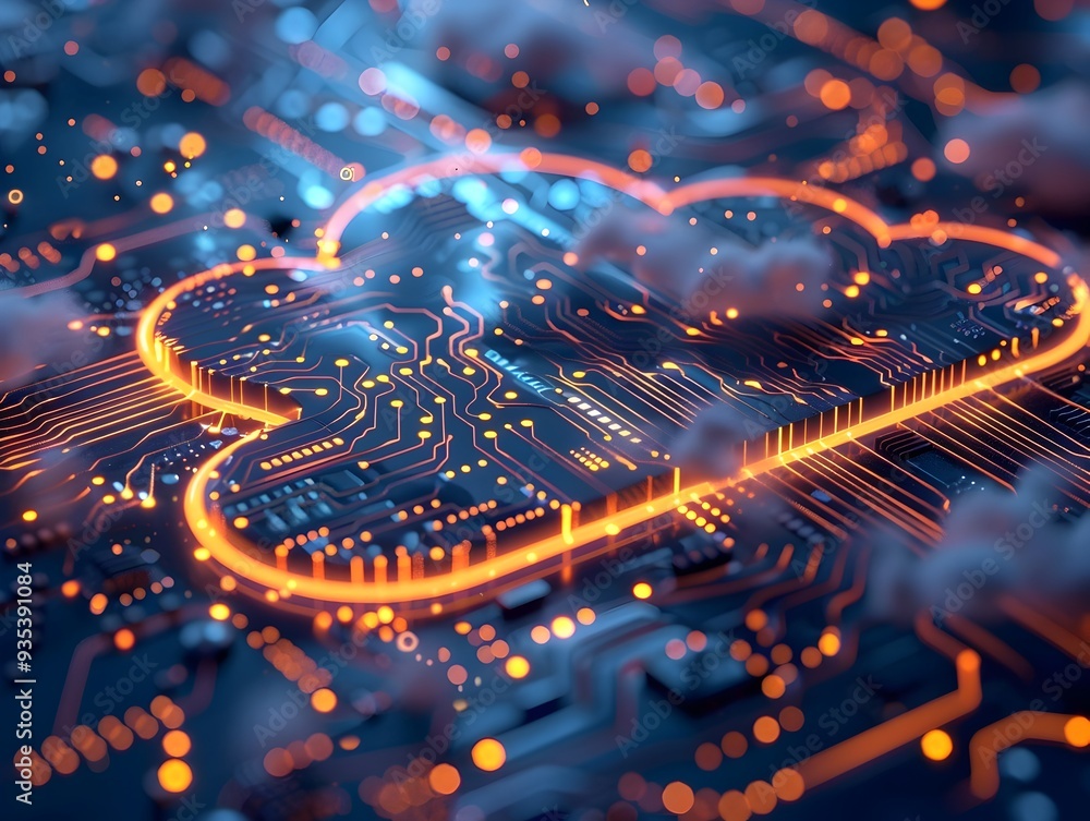 Aufkleber vibrant glowing cloud computing circuits in sleek dark tech design