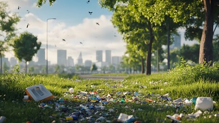 99. 3D visualization of a city park with litter and waste affecting recreational areas and public health, isolated on a pristine backdrop