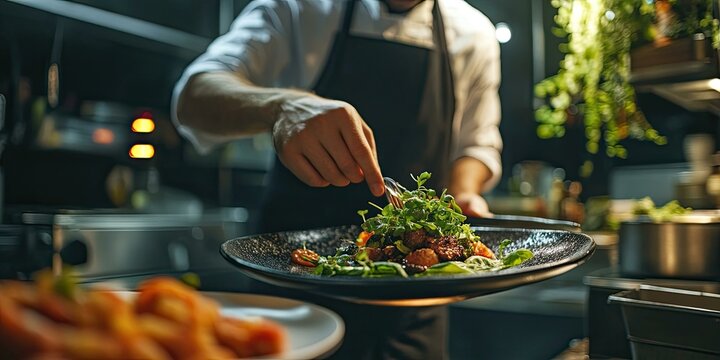 A chef plating a dish of salad and meat.