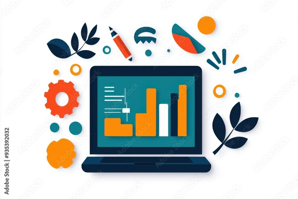 Poster analytics tools processing data for insights, flat design illustration
