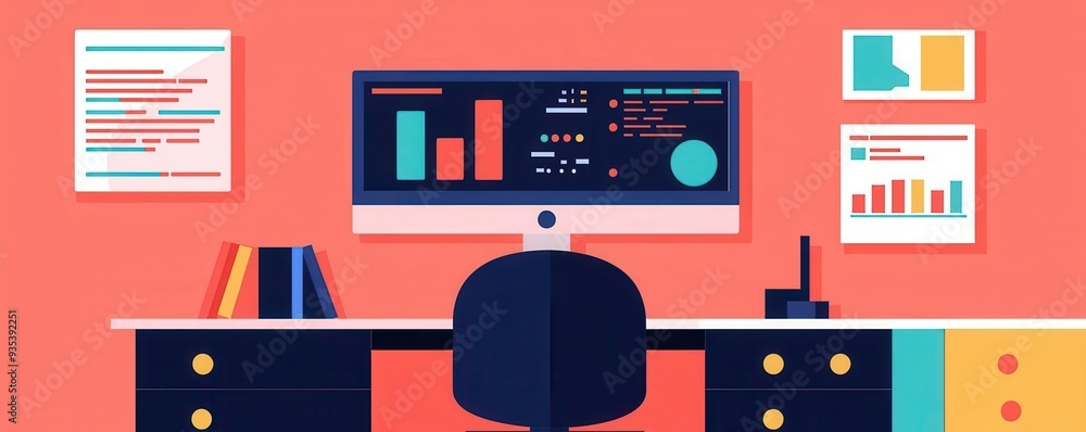 Poster data processing center with insights graphs and analytics, flat design illustration