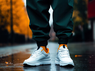 A person is standing in the rain wearing white shoes and green pants