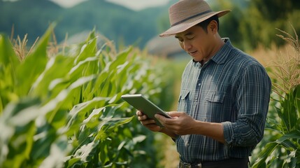 Farmer using a tablet to manage corn crops in a field during a sunny day in summer