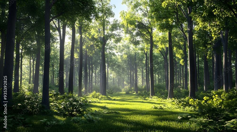 Poster 1. stunning 3d render of a serene forest landscape with towering trees and lush foliage, isolated on
