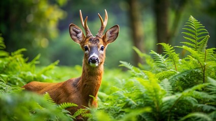 A majestic roe deer with large eyes and white rump patch stands alert in a lush green forest, surrounded by ferns and dense foliage undergrowth.